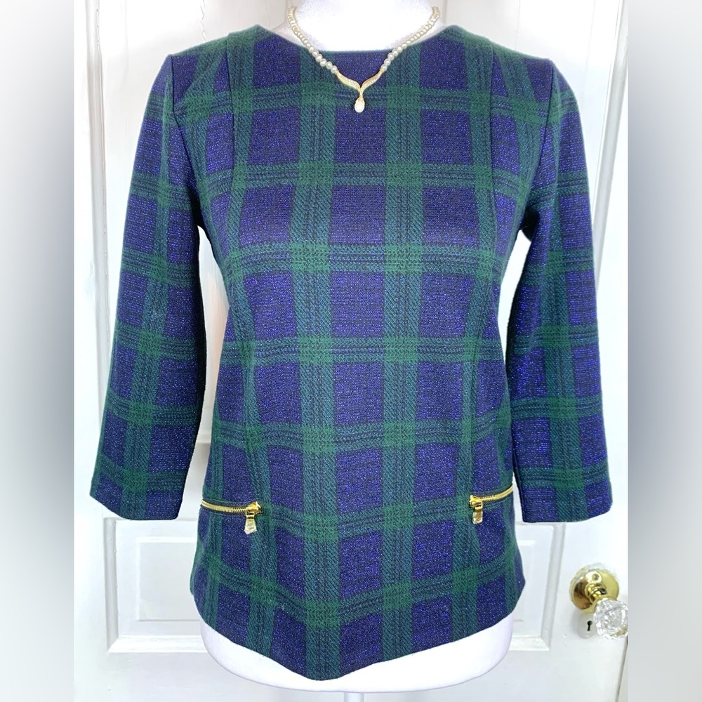 Talbots Blue and Green Metallic Tartan Pull-on Blouse w/ 3/4 Sleeves